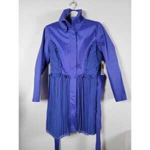 Samuel Dong Womens Ruffle Trim Pleated Trench Coat Cobalt Large New